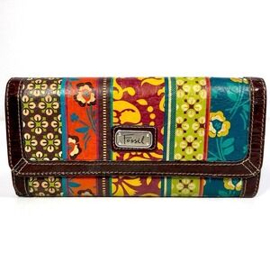 Fossil Patchwork Floral Leather Checkbook Wallet Multicolor Boho Chic Organizer